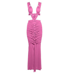 O ring textured hollow out self tie ruched tank cut out maxi dress-final-sale