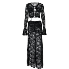 Long flared sleeve lace see through maxi skirt set-final-sale