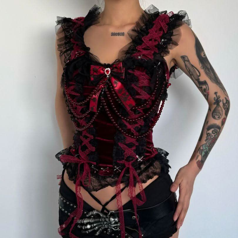 Bowknot beaded lace hem lace up v neck top