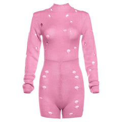 Hollow out long sleeve high neck self tie crochet solid romper-final-sale