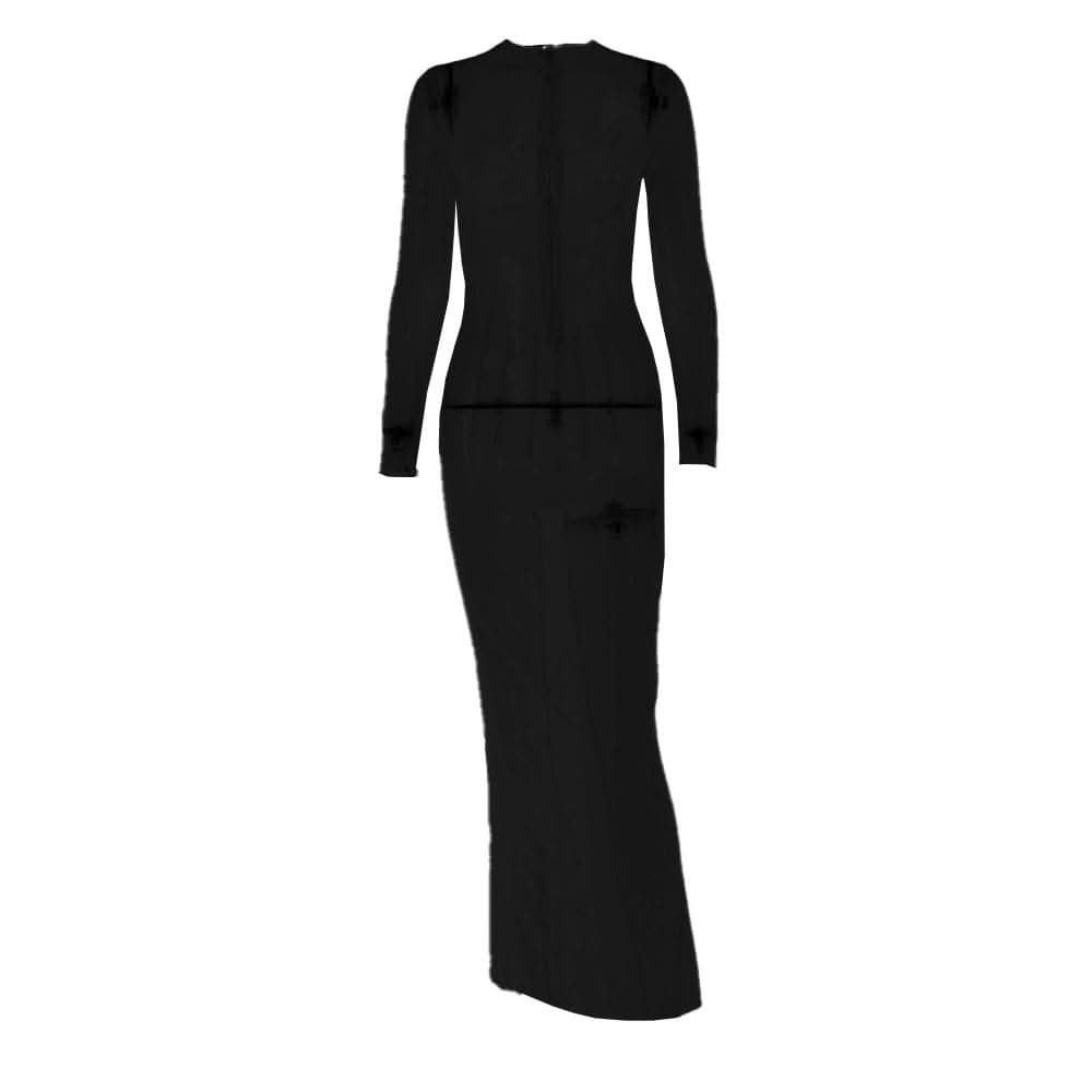 Long sleeve sheer mesh zip-up stitch maxi dress-final-sale