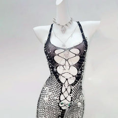 U neck fishnet cami mini dress