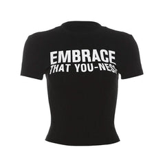 Crewneck short sleeve "EMBRACE" pattern crop top