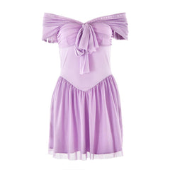 Short sleeve off shoulder knotted mesh patchwork mini dress