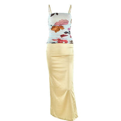 Ruched flower print zip-up square neck contrast slit maxi dress-final-sale