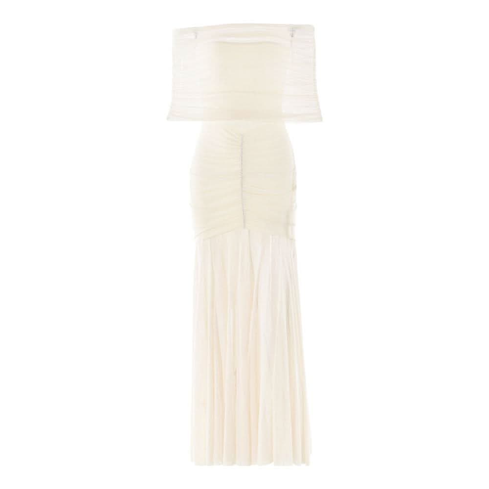 Off shoulder ruched mesh patchwork solid maxi dress-final-sale