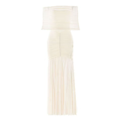 Off shoulder ruched mesh patchwork solid maxi dress-final-sale