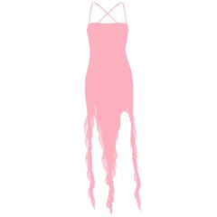 Ruffle cross back solid lace up cami maxi dress