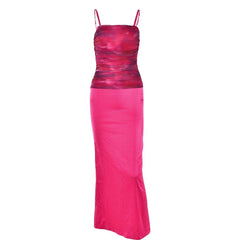 Ruched flower print zip-up square neck contrast slit maxi dress-final-sale