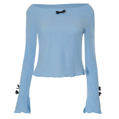 Long flared sleeve round neck bowknot textured top