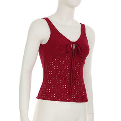 Hollow out v neck self tie textured tank cut out top