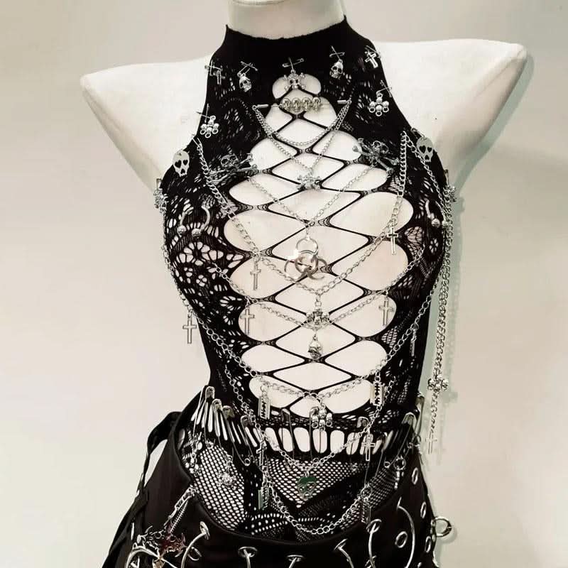 Hollow out metal chain crewneck lace cut out top