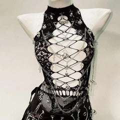 Hollow out metal chain crewneck lace cut out top
