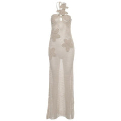 Halter knitted flower pattern see through maxi dress-final-sale