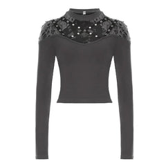Long sleeve crewneck hollow out cut out top