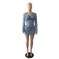 Glitter knitted long sleeve hollow out 3 piece mini skirt set