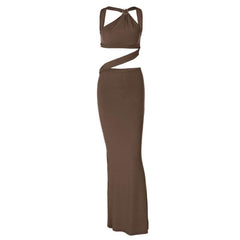 Backless hollow out o ring pearl chain solid cut out maxi dress-final-sale