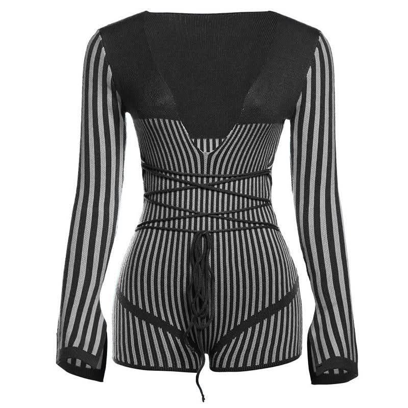 Slit long sleeve deep V neck striped self tie romper