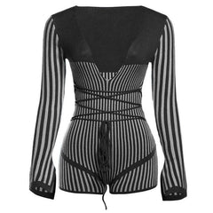 Slit long sleeve deep V neck striped self tie romper