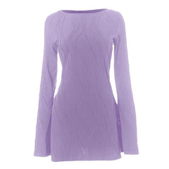 Long sleeve textured crewneck solid mini dress-final-sale