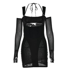 Gloves mesh corset off shoulder hollow out long sleeve halter cut out mini dress