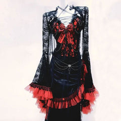 Long flared sleeve lace bowknot pleated maxi dress