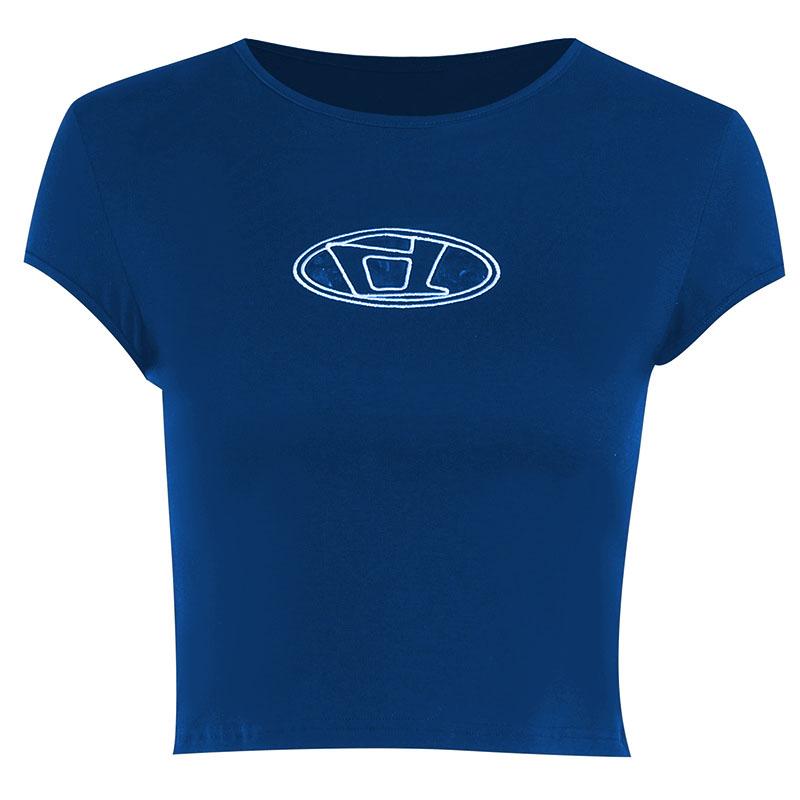Embroidery contrast cap sleeve crewneck crop top