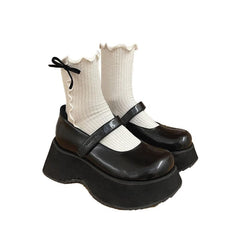 Ruffle ribbed bowknot contrast socks