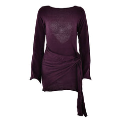 Long sleeve flower applique ruched backless mini dress