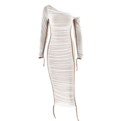 Long sleeve one shoulder ruched stitch mesh midi dress-final-sale
