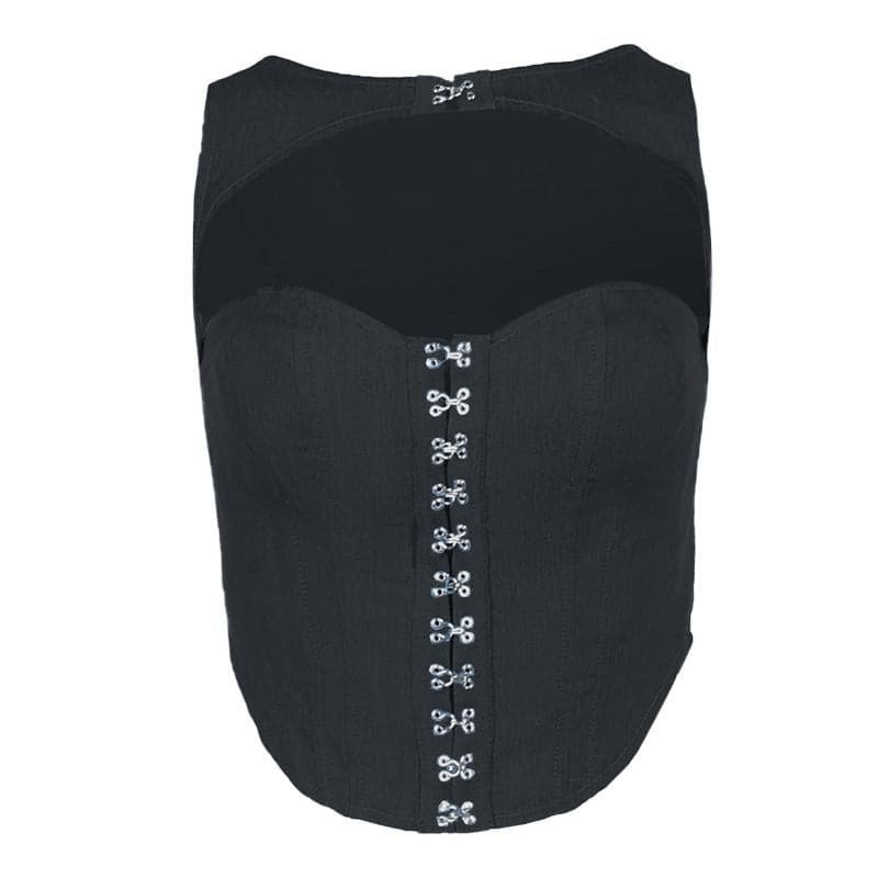 Hollow out button sleeveless corset low cut denim cut out top