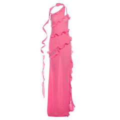 One shoulder ruffle irregular high slit maxi dress
