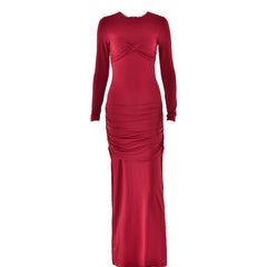 Long sleeve crewneck ruched cross front maxi dress