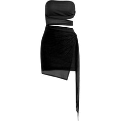 O ring hollow out irregular ruffle ribbed ruched tube cut out mini dress
