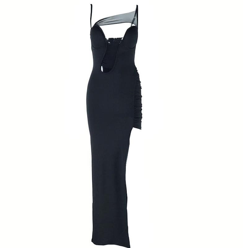 Irregular high slit ruched mesh hollow out cami cut out maxi dress