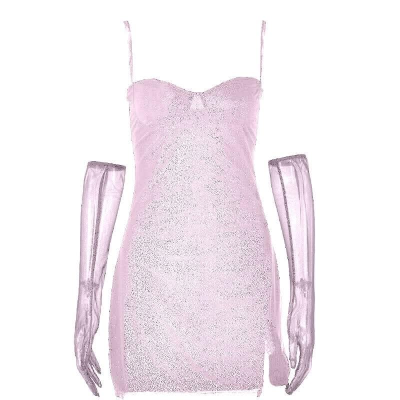 Textured mesh gloves sweetheart neck zip-up slit cami mini dress-final-sale