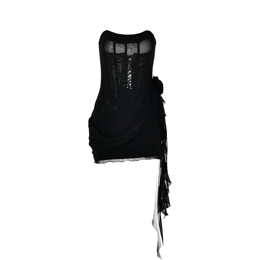 U neck bustier ruffle flower applique tube mini dress
