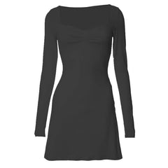 Square neck solid ruched long sleeve mini dress-final-sale