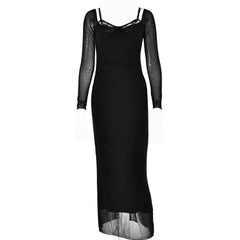 Patchwork lace mesh long sleeve zip-up slit solid maxi dress-final-sale