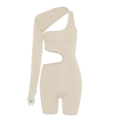 Irregular long sleeve gloves hollow out solid romper