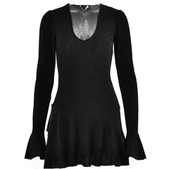 Textured v neck ruffle irregular long flared sleeve mini dress-final-sale