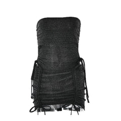 Drawstring textured backless solid bodysuit mini skirt set-final-sale