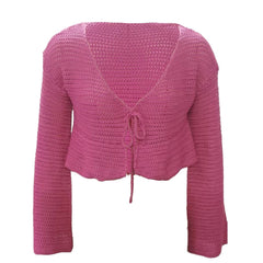 V neck self tie knit crochet long sleeve solid crop top