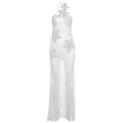 Halter knitted flower pattern see through maxi dress-final-sale