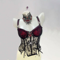 V neck bowknot spider applique cross pattern cami top