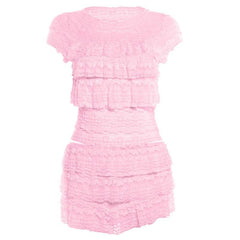 Crewneck ruffle lace ruched cap sleeve pant set