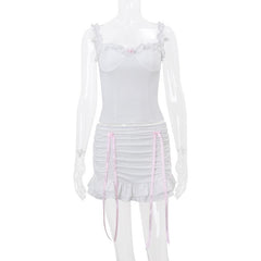 Ruffle ruched bowknot ribbon stitch cami skirt set
