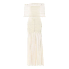 Off shoulder ruched mesh patchwork solid maxi dress