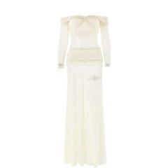 Long sleeve off shoulder sheer mesh maxi skirt set-final-sale