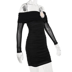 Flower applique mesh ruched off shoulder long sleeve mini dress